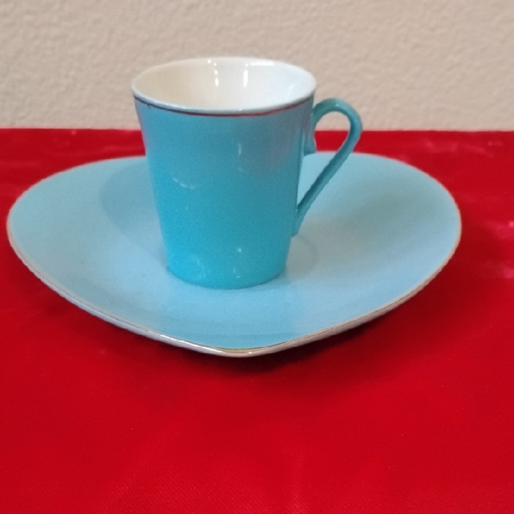 D- NWOT Blue Heart-Shaped Cup and Saucer Set